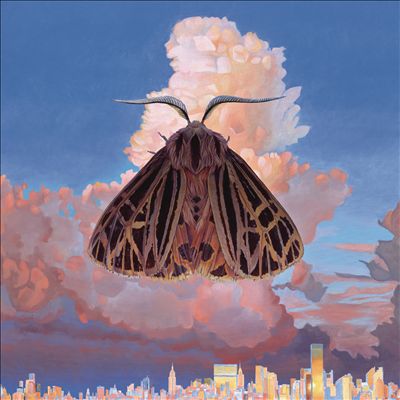 The album cover features an illustration of a cityscape and a colorful sky, with a moth as the central focus.