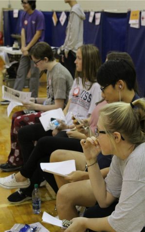 Students anxiously wait to get their blood drawn.