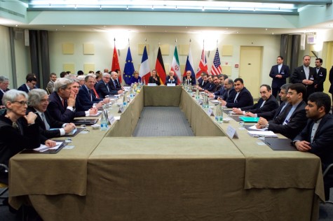 Secretary of State John Kerry, Secretary of Energy Ernest Moniz, and Wendy Sherman join foreign ministers to discuss a dicey topic in the Salle Forum of Lausanne, Switzerland