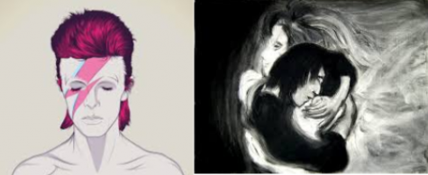 Ghostly art of Severus Snape on the right, capturing the pure solemnity of Alan Rickman's demise. Art of David Bowie on the left depicts his colorful persona, blank and no more but still powerful.