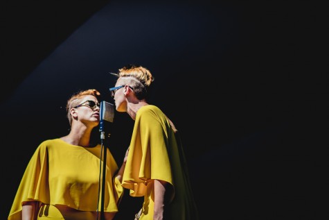 The two lead singers, Jess Wolfe (pictured left) and Holly Laessig (pictured right), always match down to hair styles and sunglasses in a retro chic fashion. They share a microphone and fashion on stage to represent the unity of the vocals.