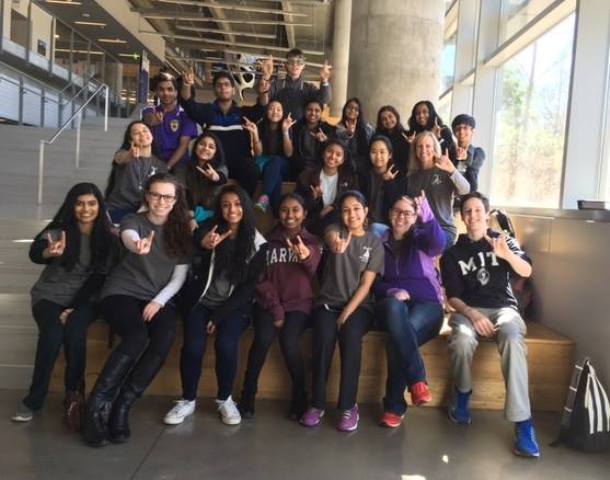 LHS Science Olympiad team smiles bright  at the camera as they take on their region competition in downtown. 