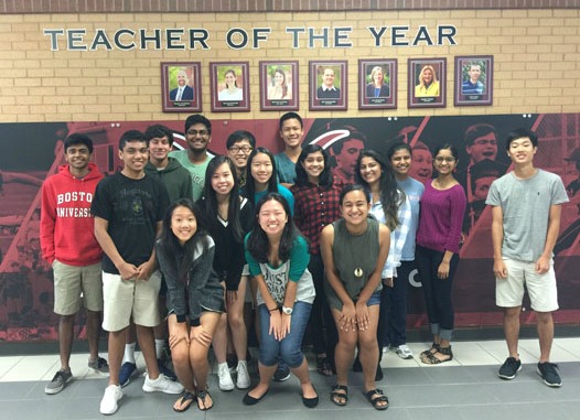 This year’s Lambert National Merit Semi-Finalists (back row, L-R: Hari Pingali, Amitesh Chandra, Naren Reddy, Sai Kilaru, Jake Kwon, Kevin Tao; middle row, L-R: Elynna Chang, Christina Sun, Mehnaz Rukshana, Tanya Roy, Janani Guru, Elijah Kim; front row: Stephanie Tian, Hannah Kim, Natasha Ramaswamy)  are all smiles for a photo.