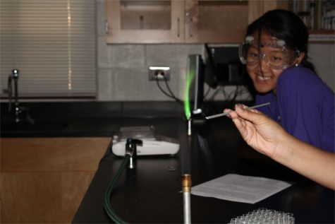 Senior Stephanie Tian cheerfully grins at the sight of a fluorescent green flame.
