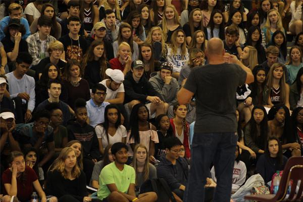 Keith Deltano speaks to the junior class