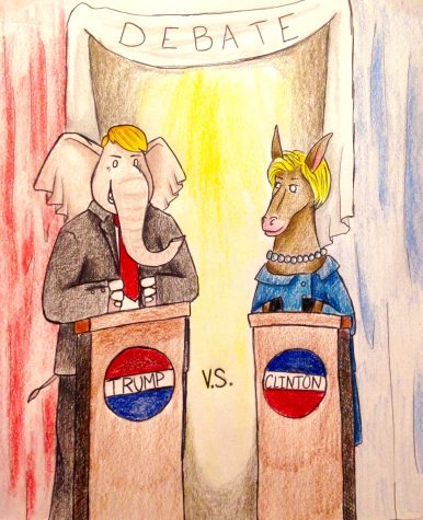 Resident Artist Sarah Sander's depiction of Donald Trump and Hillary Clinton at the 3rd Presidential Debate.