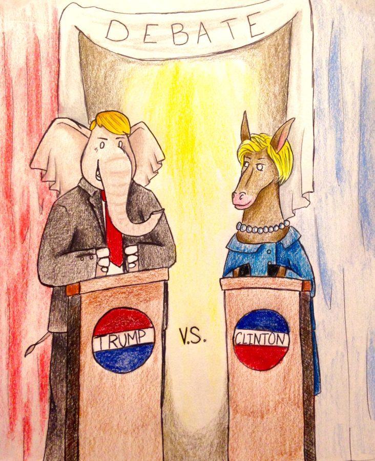 Resident Artist Sarah Sanders depiction of Donald Trump and Hillary Clinton at the 3rd Presidential Debate. 