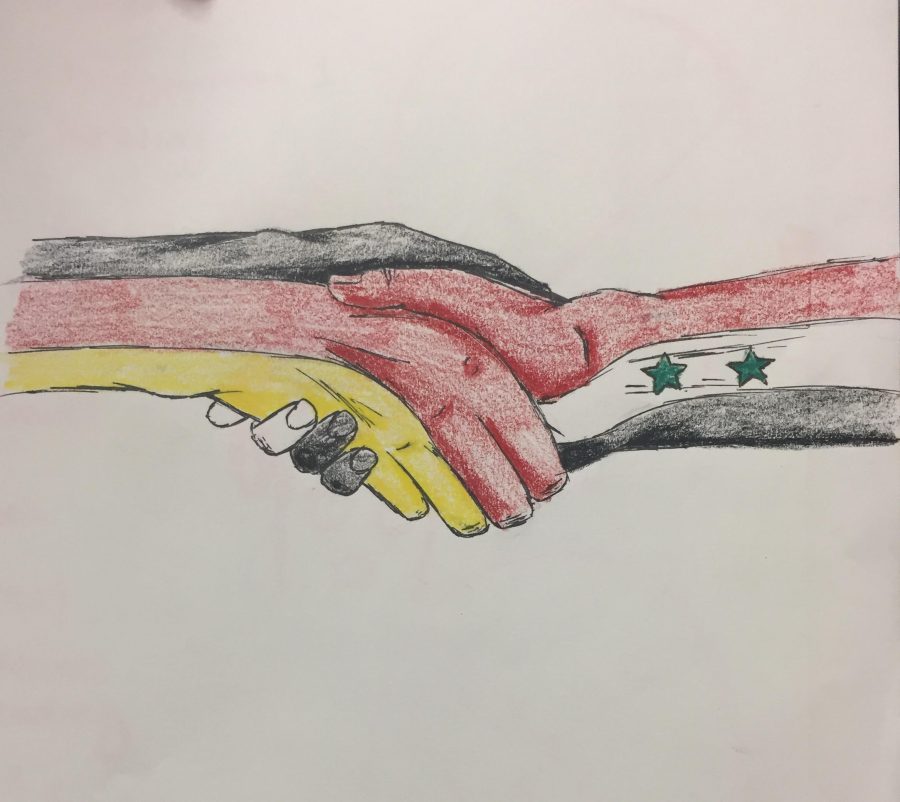 Personifications of Germany and Syria hold hands as a symbol of peace.

Created by resident artist, Sarah Sander