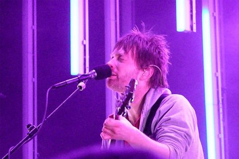 Thom Yorke of Radiohead is perfoming on stage