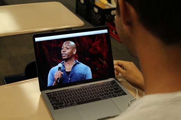 Lambert student watching the new raunchy Netflix comedy special by Dave Chapelle.