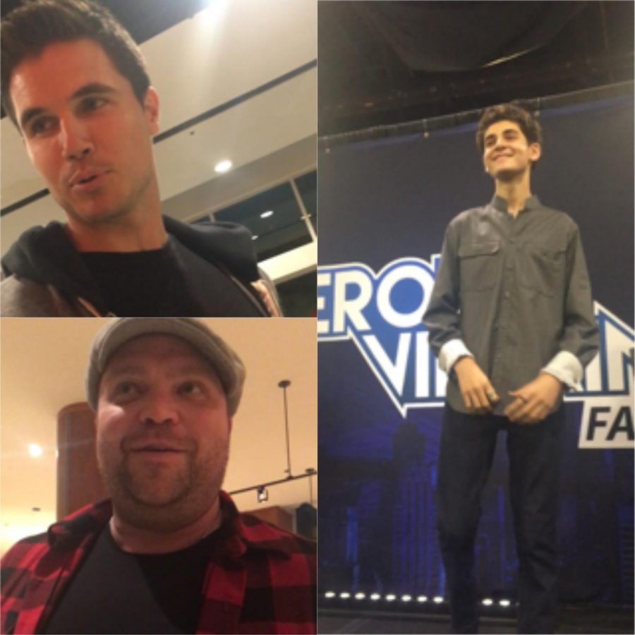 The image features the three DC actors quoted in the article. Top left: Robbie Amell. Bottom left: Drew Powell. Right: David Mazouz.