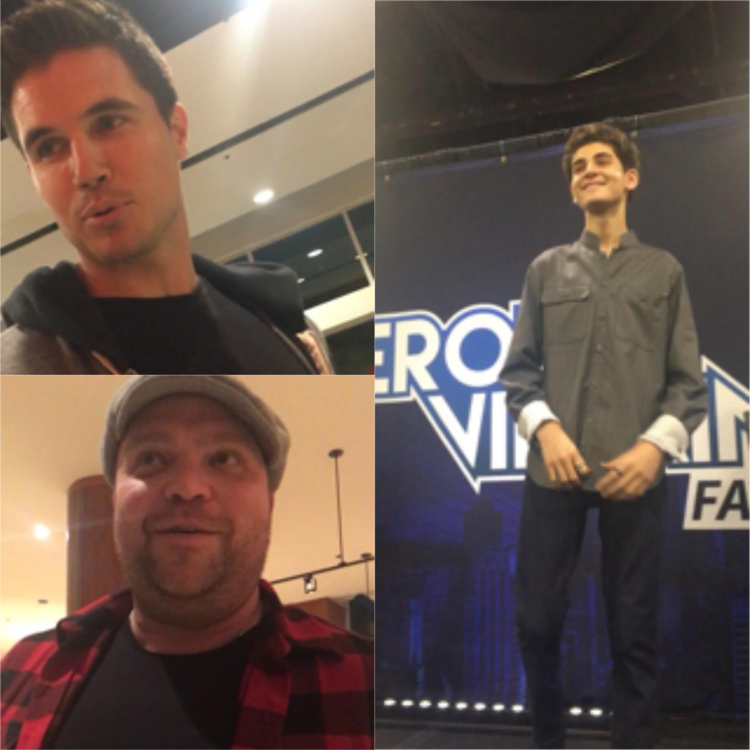 The image features the three DC actors quoted in the article. Top left: Robbie Amell. Bottom left: Drew Powell. Right: David Mazouz.