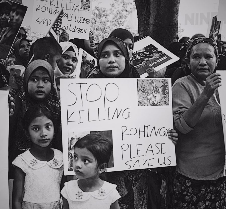 Protesters against the genocide in Myanmar hold signs. 