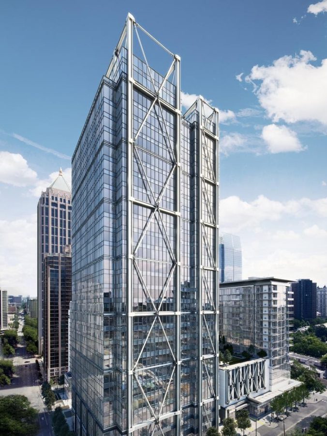 A birds-eye view of 1105 West Peachtree building in Midtown, Atlanta. Google is planning to occupy around 19 out of the 31-story tower. Photo provided by The Atlanta Business Journals. Some rights reserved to The Atlanta Business Journals. 
