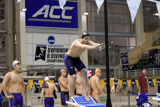 Morris lining up his relay start for the 4 x 100 freestyle relay at the 2021 GHSA state swim meet. Morris was a junior and had already begun his college search talking to coaches from all over the country. (GHSA/ … )
