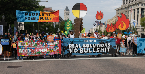 Peaceful protesters hold signs outside the capitol building in washington dc, advocating for limiting the use of fossil fuels (Flickr/Victoria Plecking) 
