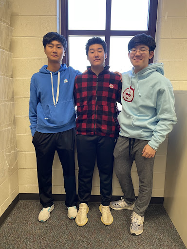  Lambert Students Nathan Kim, Steven Hao, and Gene Kang all are seen wearing Stevens Red Cats shop merchandise (December 1st, 2021). Both friends were extremely supportive of Steven Hao’s business, and continuously made an effort to promote his products! (The Lambert Post/Ashley Choi). 
