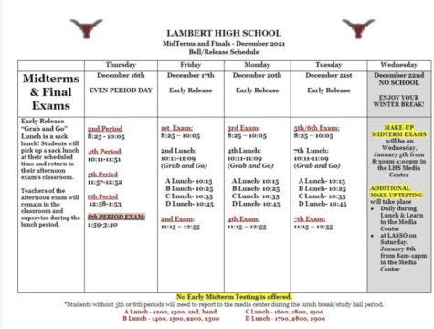 Photo of the 2021 midterm schedule. Tuesday, December 21st, 2021. This schedule thoroughly displayed Lambert’s plans for this midterm season, including check out times.(Instagram/@lambert.high)