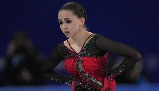 Kamila Valieva competing in the Beijing Winter Olympics 2022. During the Women’s Free skate, Valieva failed to place in the top three. 2/18/22/(Armangué/AP) 
