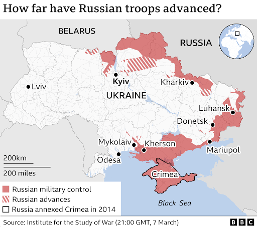 This is a map depicting the current situation in Ukraine due to the Russo-Ukrainian wars. Monday, March 7th 2022. The key is able to show The Russian army’s growing control over Ukraine. (Institute for the Study of War from BBC website)
