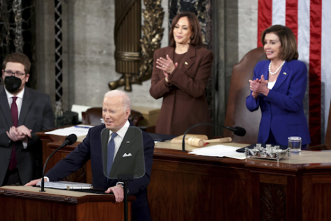 President Biden giving his State of the Union speech, while Vice President Kamala Harris and Speaker of the House Nancy Pelosi look on, Mar 1, 2022. The speech was Biden’s first as president, and came at a time of international crisis. (AP/Julia Nikhinson)
