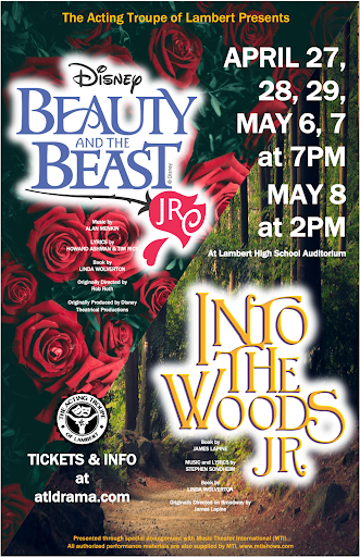 Photo of the poster for “Into the Woods Jr.” and “Beauty and the Beast Jr.”.April 20th, 2022. This photo shows the colorful graphics and information for Lambert’s newest musical. (Chaney Duskin)
