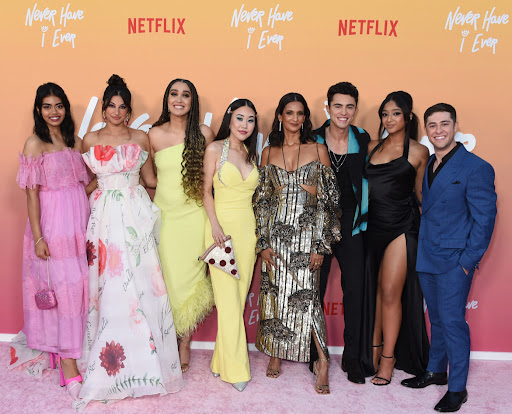 Megan Suri, Richa Moorjani, Lee Rodriguez, Ramona Young, Poorna Jagannathan, Darren Barnet, Maitreyi Ramakrishnan and Jaren Lewison at the premiere of Season 3 of “Never Have I Ever.”