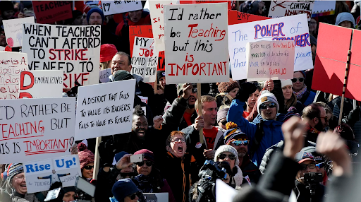 Teachers and supporters gather at the Colorado State Capitol on February 19th, 2019 in Denver for a 3-day walkout protesting for a higher teacher’s pay (Axios/Michael Ciaglo)