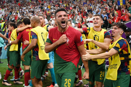 Portugal soccer (football) player Gonçalo Ramos celebrating his first three goals in  Portugal’s 6-1 win over Switzerland. Taken by Justin Setterfield.