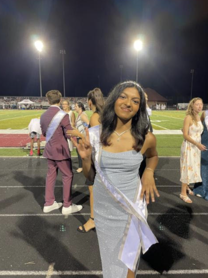 This is an image of Nayan Annudarai at the Lambert homecoming game as a Junior Homecoming Court member. (Courtesy of Nayan Annadurai, August 26th, 2022)  Outside of being a member of the Junior Homecoming Court, Annadurai is also a member of Lambert band, drumline, and the Co-president of LHS National Organization for Women. 