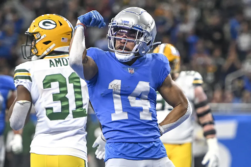 Detroit Lions wide receiver Amon-Ra St. Brown during a game against the Green Bay Packers. Photo by Nic Antaya/Getty Images.