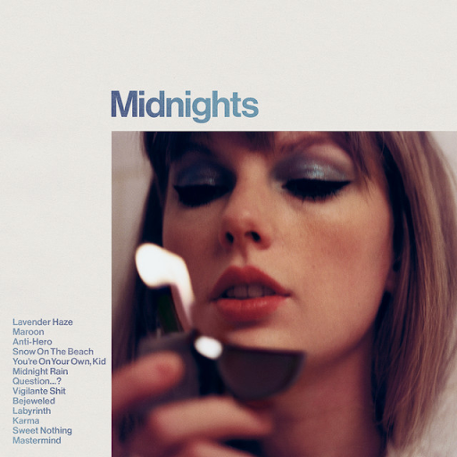 Taylor Swift’s “Midnights” album cover. The singer is seen on the cover holding a lighter, adorning glittery blue eye shadow. 