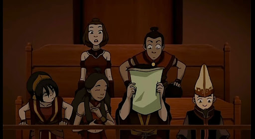 Screenshot in Season 3, Episode 15 of the cast of Avatar watching a theater performance. (Courtesy of Nickelodeon/Avatar: The Last Airbender)