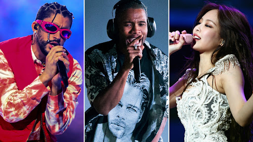 The three headliners for Coachella 2023 are all people of color. Persons pictured (from left to right): Bad Bunny, Frank Ocean, Jennie from BLACKPINK (Rich Fury/Getty Images)