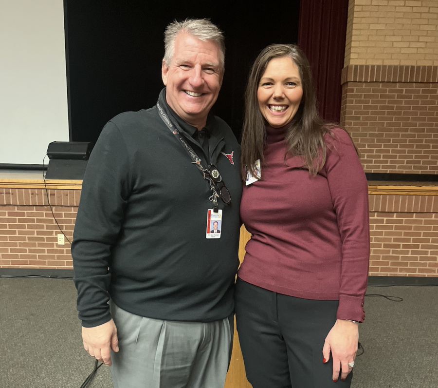 Picture of Dr. Gary Davison and Mrs. Amanda Thrower at Mrs. Throwers staff welcome meeting. Taken on January 19, 2023 by Taylor Petrofski.