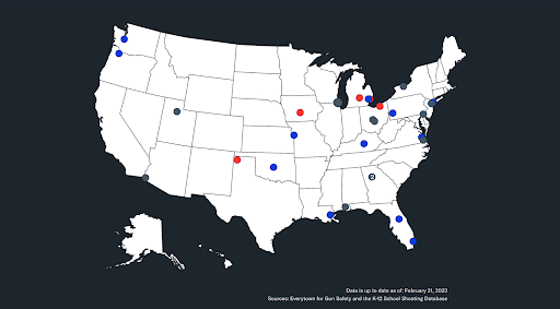 
Map showing K-12 shootings in the USA as of February 21, 2023 (Everytown for Gun Safety)