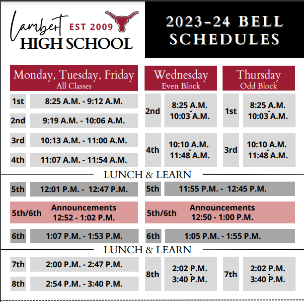 Pictures of all the Bell Schedules for the 2023-2024 school year, taken from the Lambert High School Website’s Homepage