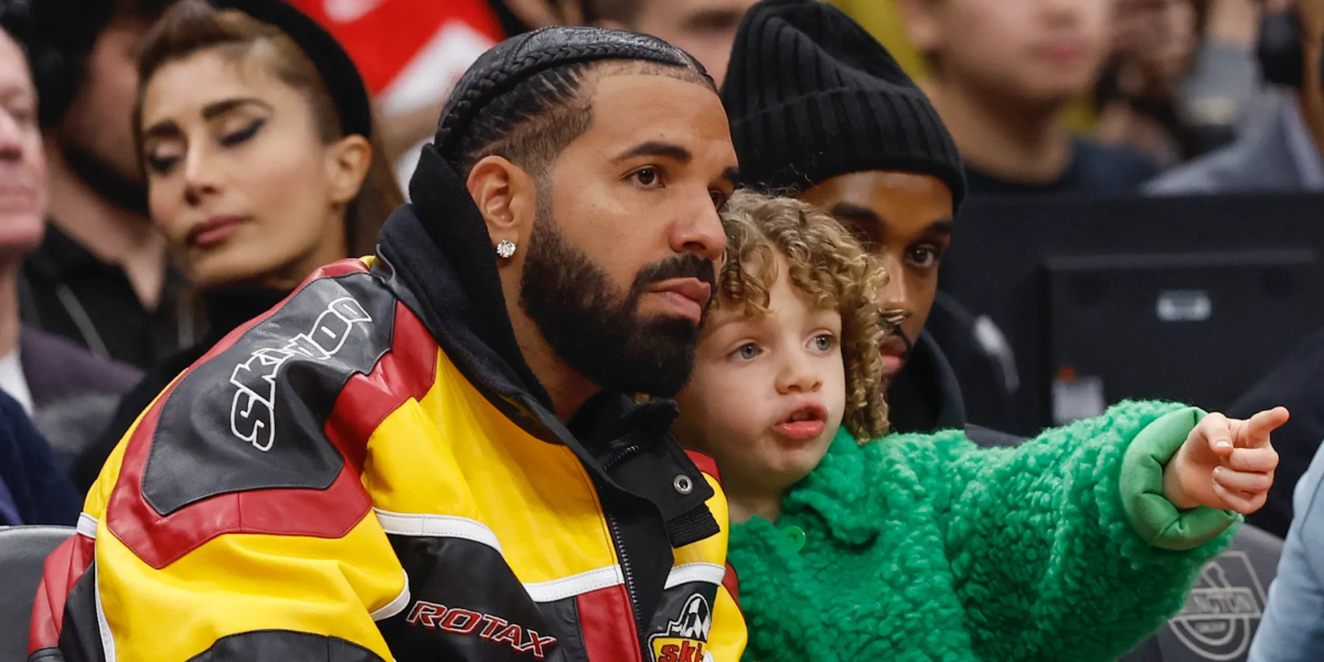 Drake and his son Adonis courtside at a Toronto Raptors basketball game. The rapper’s latest album cover was drawn by Adonis with the latest release set for October 6. 