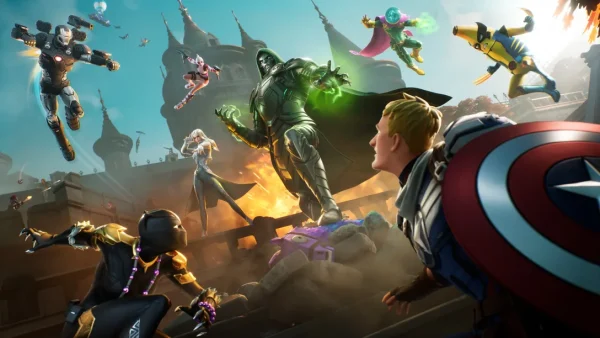 “Fortnite” Marvel characters, including Mysteria, Doctor Doom and Gwenpool, leap into action atop Doctor Doom’s castle.