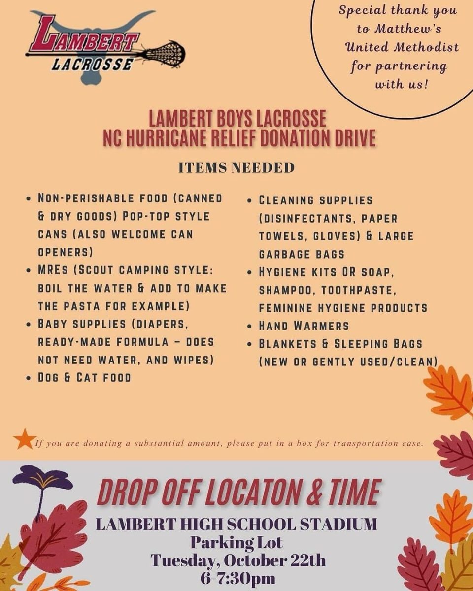 Image from Lambert Lacrosse containing details about their hurricane relief drive. (Lambert Lacrosse)