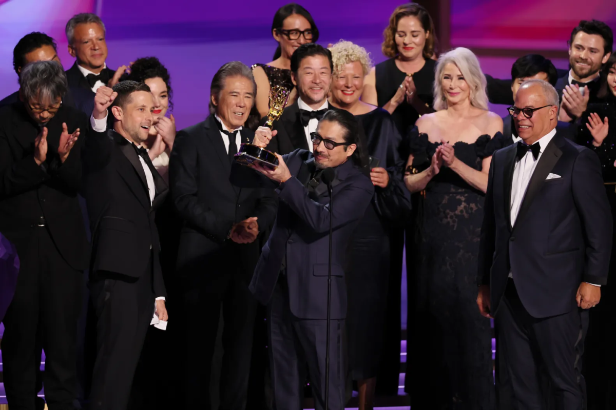 Hiroyuki Sanada celebrates winning the Outstanding Lead Actor in a Drama Series award alongside the Shōgun cast. (Courtesy of Primetime Emmy Awards)