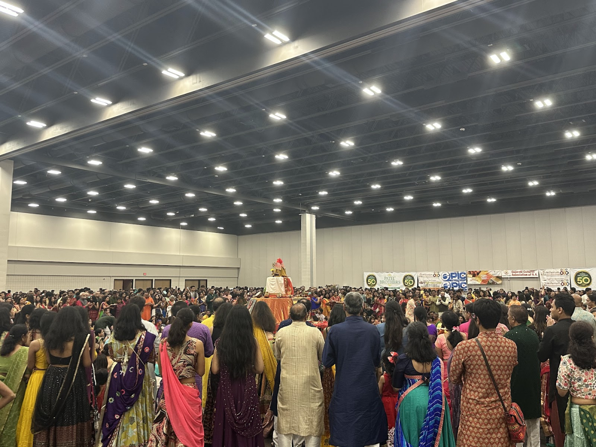 Many people gather together during set dates to pray and honor the gods. A known ritual is a part of Garba. This was held at the Gas South District on October fifth. (Tracy Ding/The Lambert Post)