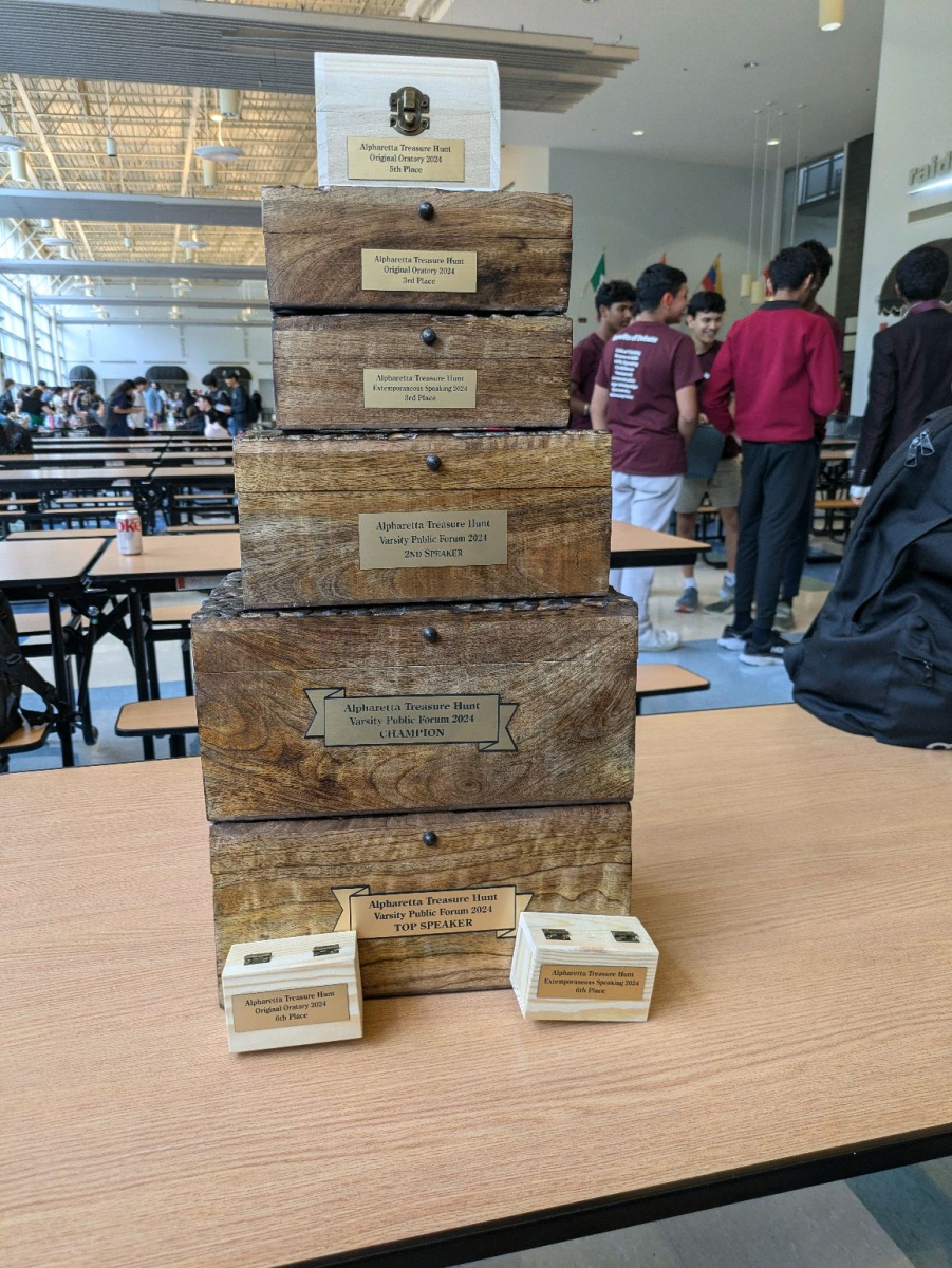 Trophies won by Lambert’s Speech and Debate Team at the Alpharetta Treasure Hunt Tournament in September of 2024. Courtesy of Lambert Speech and Debate.