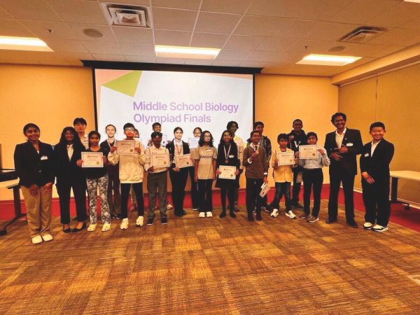 Lambert’s Biology Olympiad’s officers with the finalists from the Middle School Biology Olympiad held on November 12, 2024 at Sharon Forks Library. (Lambert Biology Olympiad/Saketh Ramakrishnan)