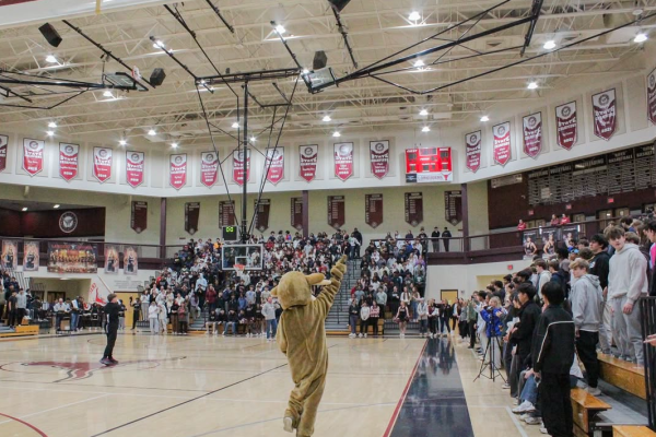 The image shows the Longhorn encouraging students to stand up and cheer for the teams. (The Lambert Post)