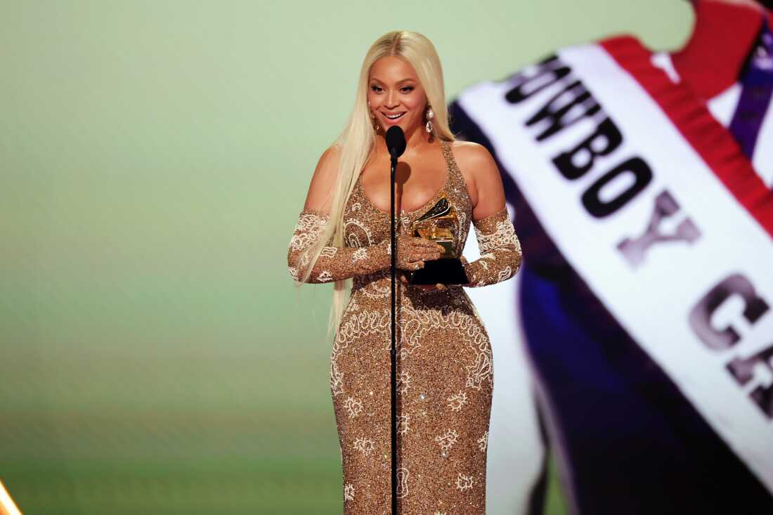 A picture of Beyonce winning Album of The Year for “Cowboy Carter.” (Kevin Winter/Getty Images)