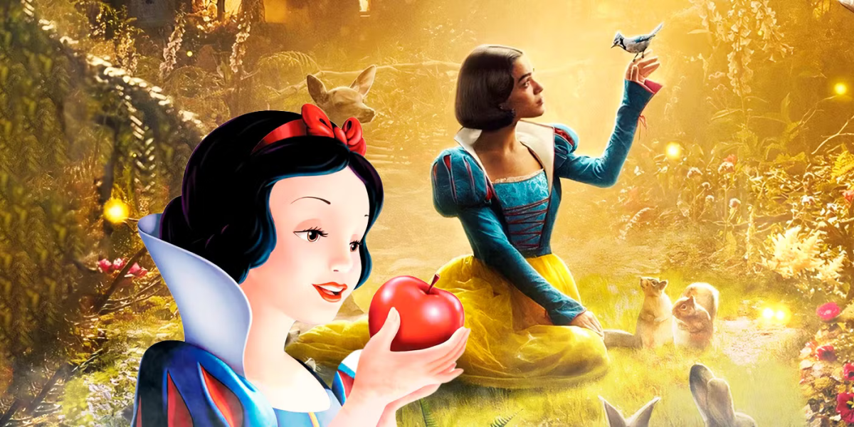 An edit of the original Snow White layered with a promotional poster of the 2025 live action remake of Snow White. (CBR)