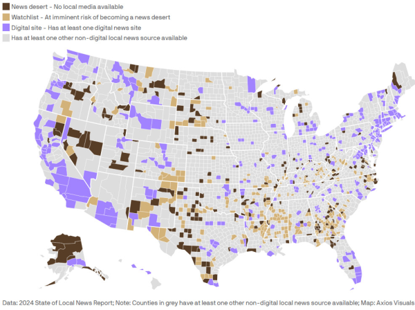 A map of news deserts across the United States. (Image from WWSG).