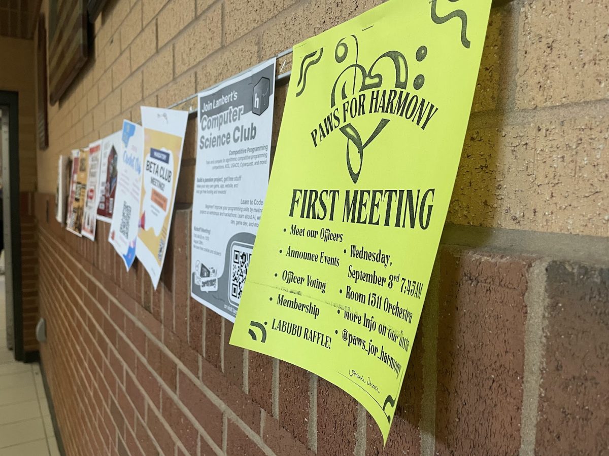 Club flyers hanging in the Lambert hallways (Bianca Anton/Lambert Post).