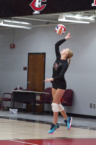Vanogothem serves the ball at the game against Forsyth Central (Robert G. Pierlott III).

